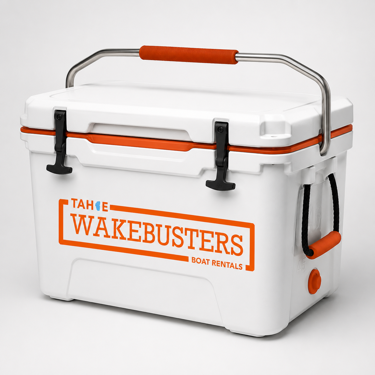 Tahoe WakeBusters White Hard Cooler with orange accents and logo