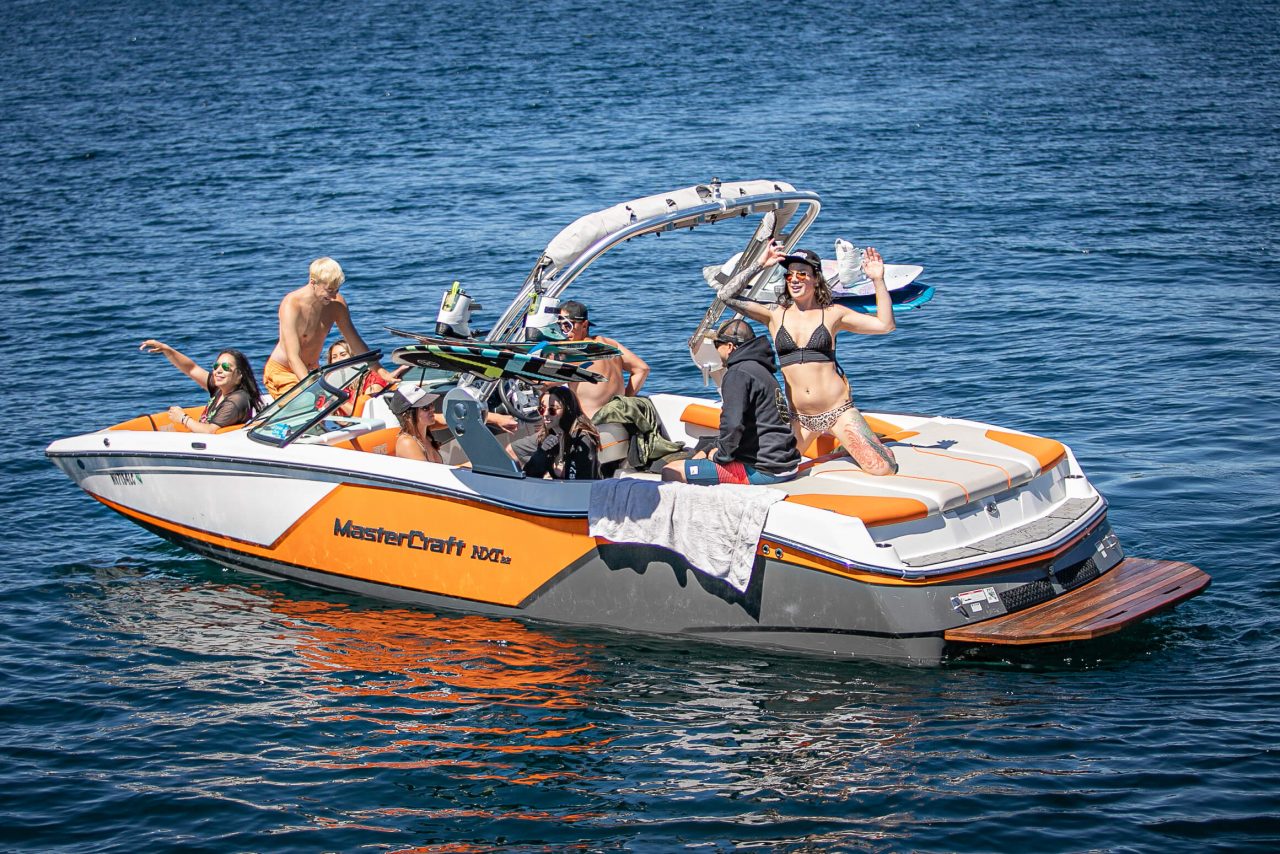 Guests on pontoon boat