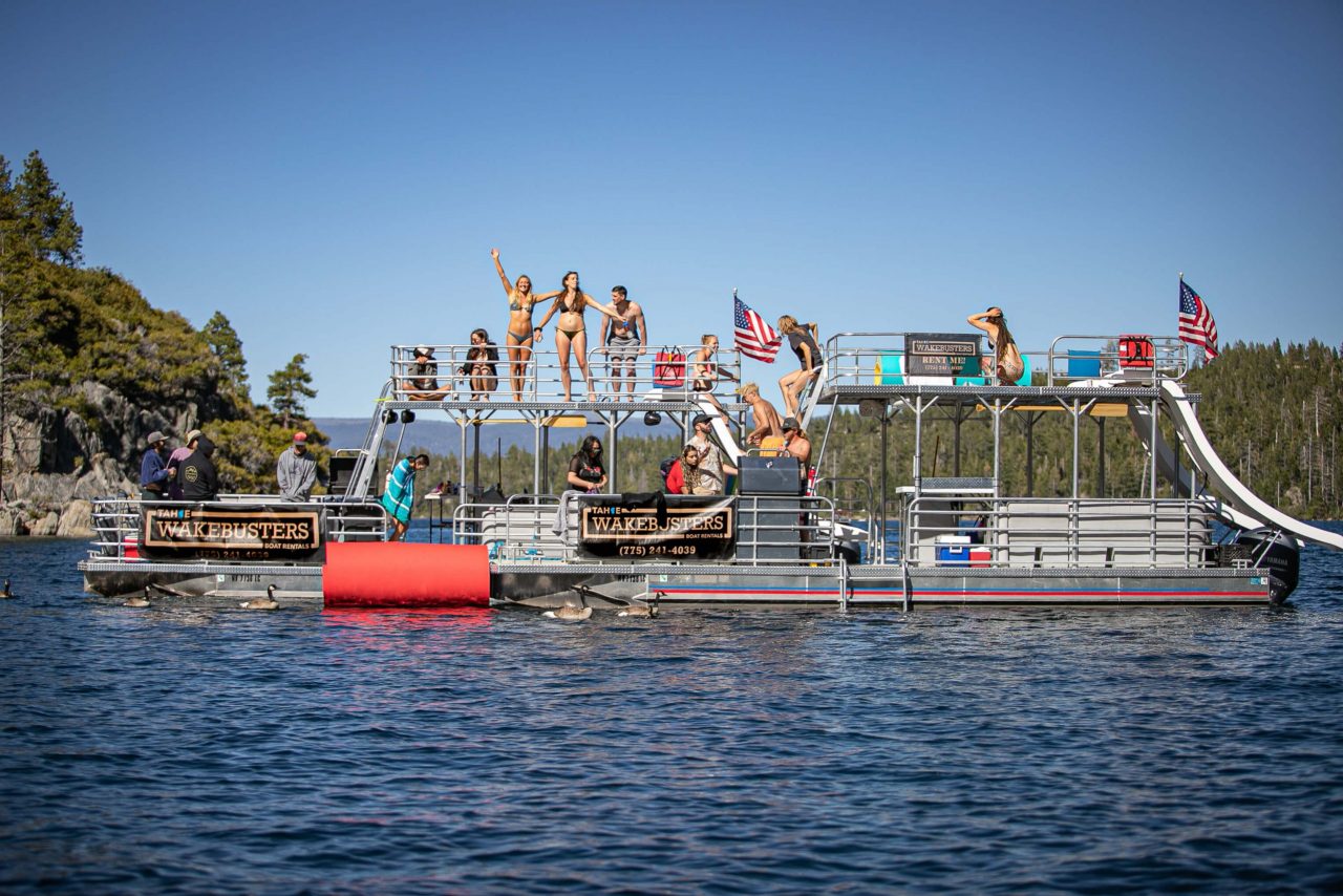 Tubing behind boat on Lake Tahoe